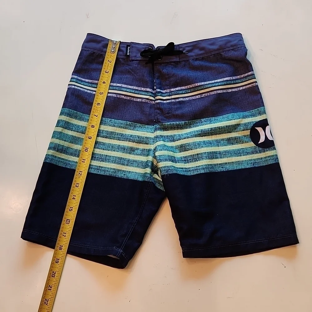 Hurley navy blue green stripe swim trunks boardshorts size 14